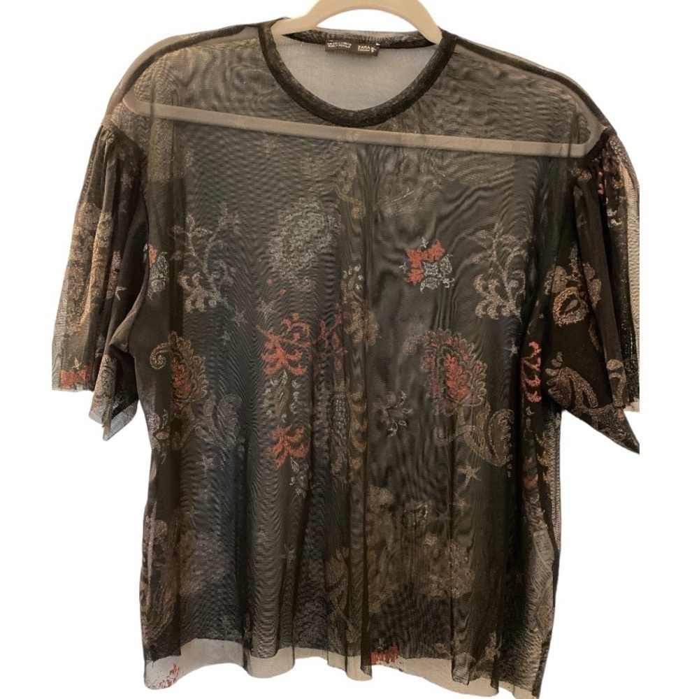 ZARA top, black sheer floral, size small.  Flutter sleeves, raw hems. Scoop neck